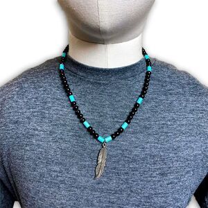 Black & Turquoise Beaded Necklace with Silver Feather 18.5"